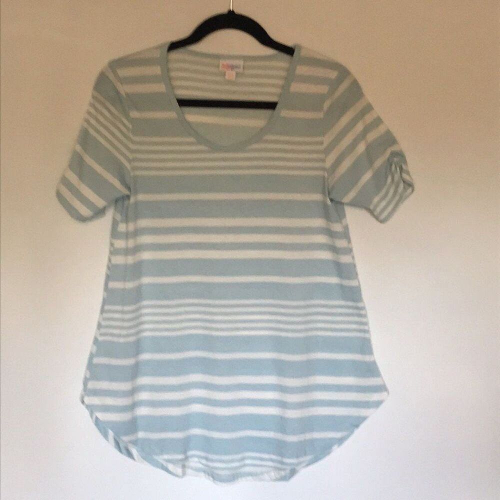 LULAROE Morgan‎ Flare T Shirt Ruched Sleeves Sz XXS Light Blue White Striped Top